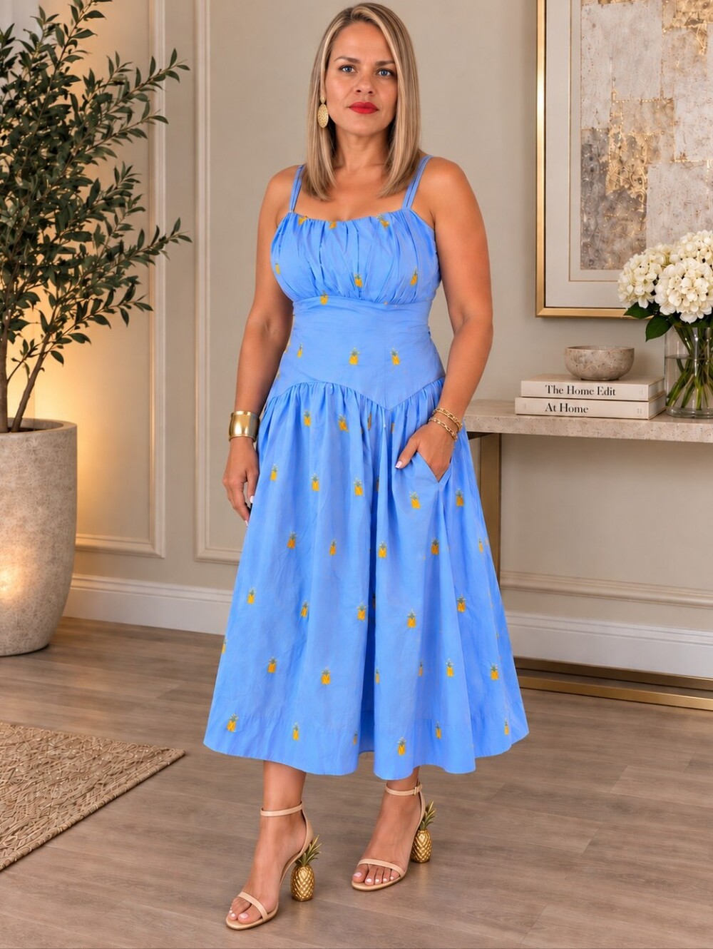 Sky Blue Pineapple-Embroidered Midi Dress